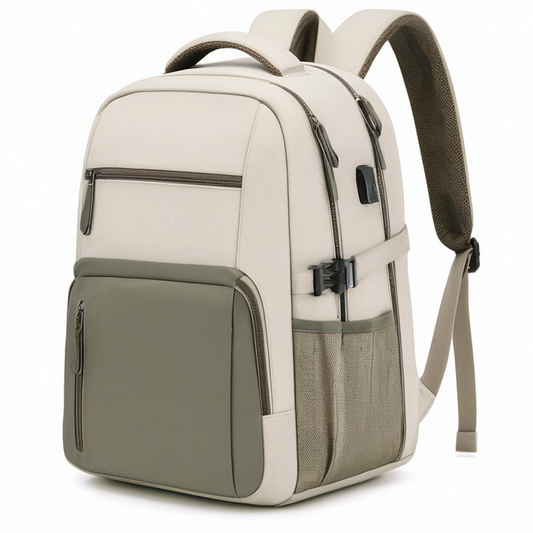 Mochila 45 x 30 x 18 cm textil beige y verde oliva con compartimentos para uso diario