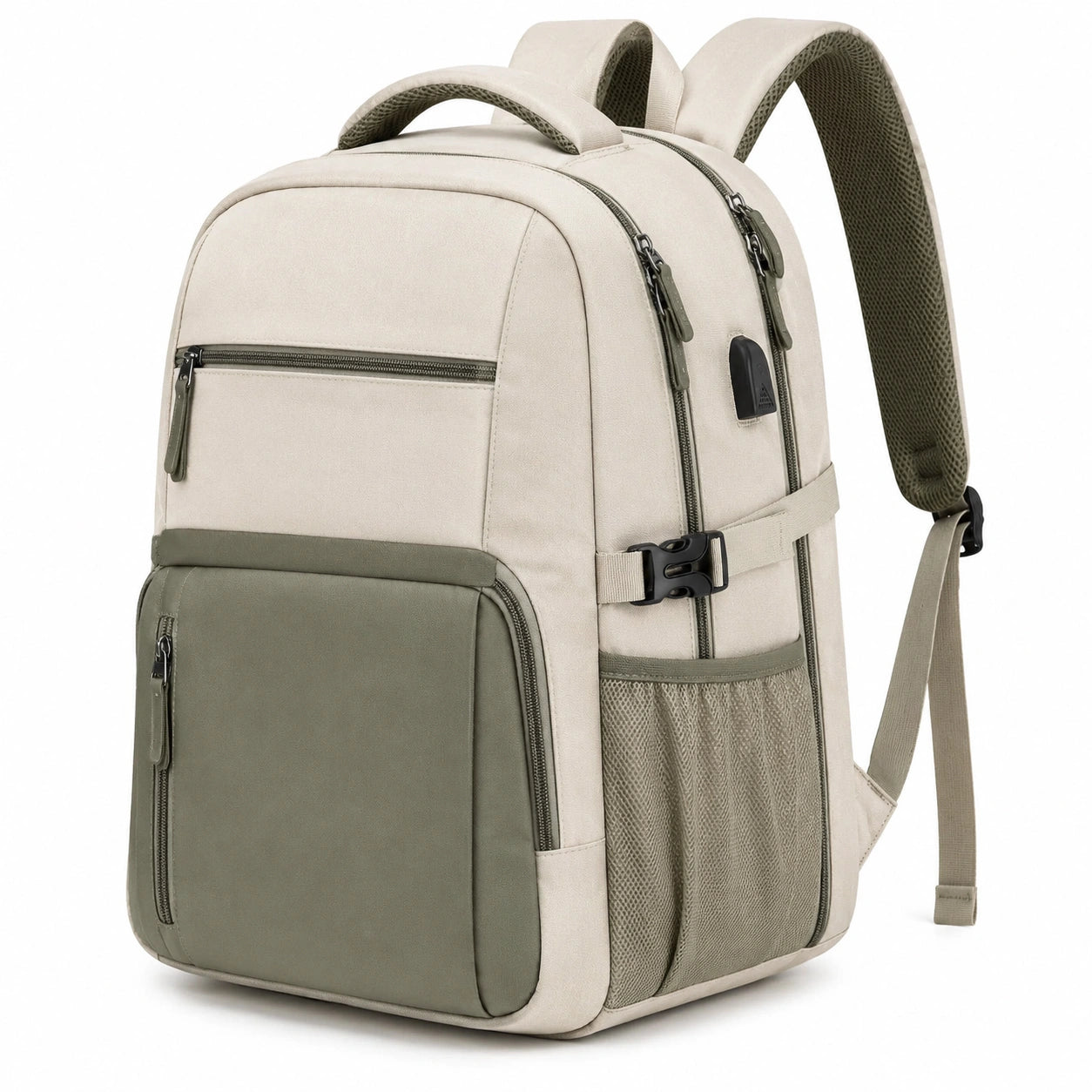 Mochila 45 x 30 x 18 cm textil beige y verde oliva con compartimentos para uso diario