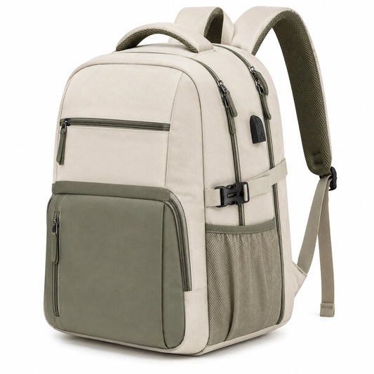 Mochila 45 x 30 x 18 cm textil beige y verde oliva con compartimentos para uso diario