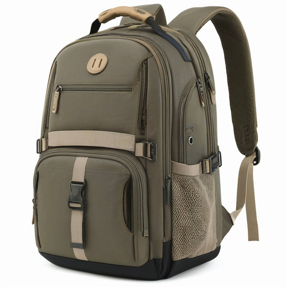 Mochila de viaje 35 L de tejido sintético verde con compartimentos y correas acolchadas