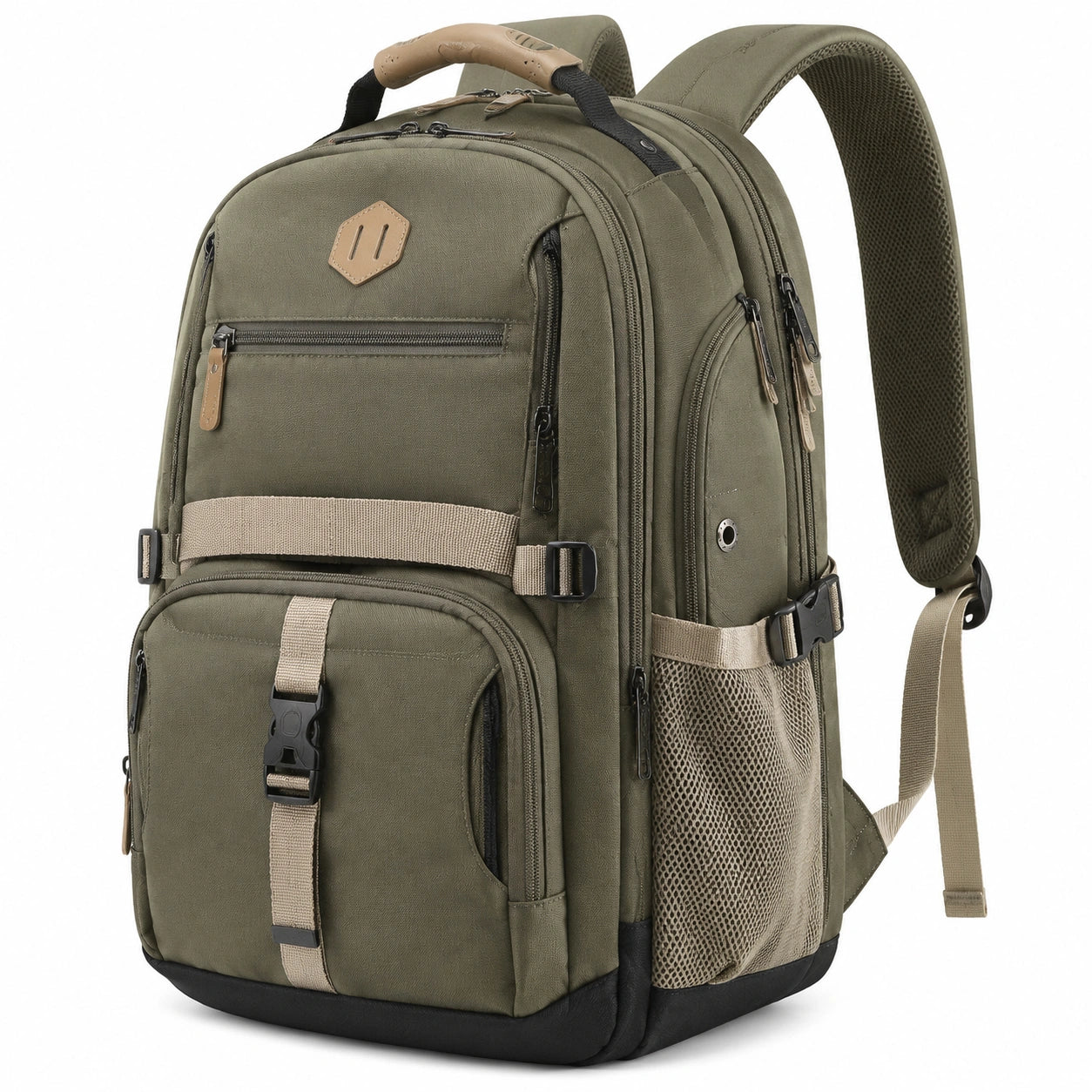 Mochila de viaje 35 L de tejido sintético verde con compartimentos y correas acolchadas