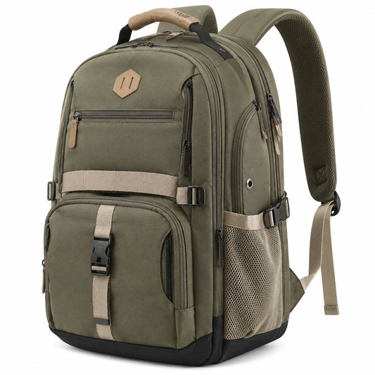 Mochila de viaje 35 L de tejido sintético verde con compartimentos y correas acolchadas