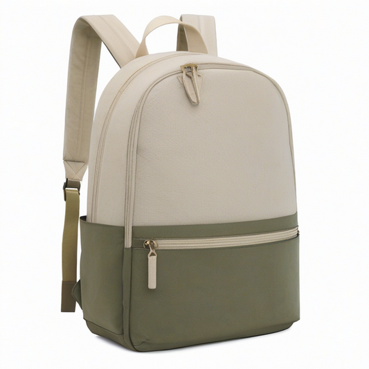 Mochila 30 x 14 x 42 cm de tejido beige y verde con bolsillos y cremalleras para uso diario