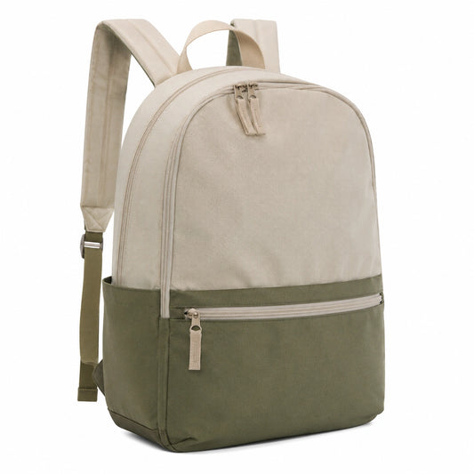 Mochila 30 x 14 x 42 cm de tejido beige y verde con bolsillos y cremalleras para uso diario
