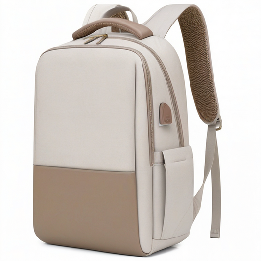 Mochila para portátil 42 cm de poliéster beige y marrón con puerto USB