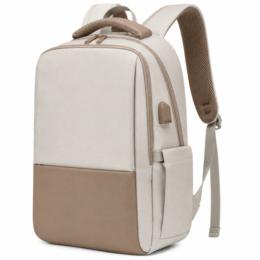 Mochila para portátil 42 cm de poliéster beige y marrón con puerto USB