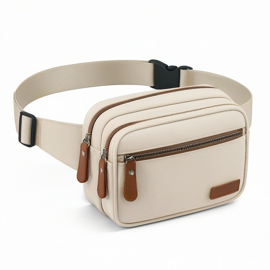 Riñonera 25 x 8 x 16 cm de tejido beige con bolsillos con cremallera y correa ajustable