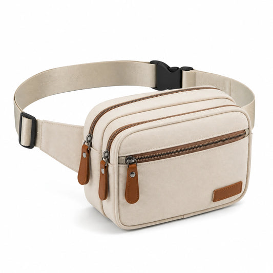 Riñonera 25 x 8 x 16 cm de tejido beige con bolsillos con cremallera y correa ajustable