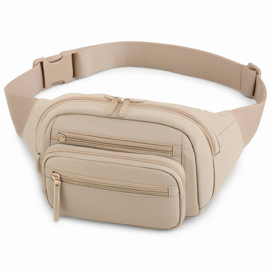 Riñonera 30 x 15 cm de tejido sintético beige con múltiples bolsillos y correa ajustable