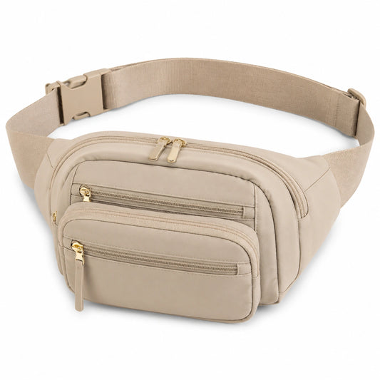 Riñonera 30 x 15 cm de tejido sintético beige con múltiples bolsillos y correa ajustable