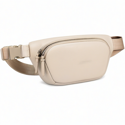 Riñonera 27 x 7 x 15 cm de material sintético beige con correa ajustable y doble cremallera