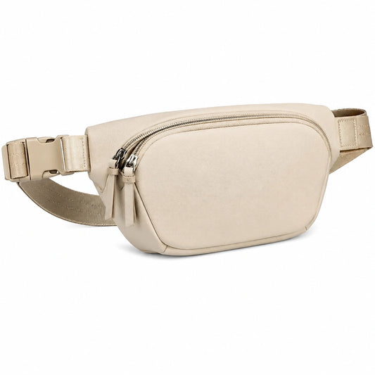 Riñonera 27 x 7 x 15 cm de material sintético beige con correa ajustable y doble cremallera