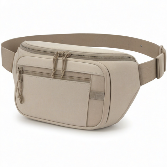 Riñonera 25 x 8 x 15 cm de tejido beige con bolsillos y correa ajustable