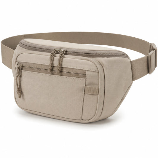 Riñonera 25 x 8 x 15 cm de tejido beige con bolsillos y correa ajustable