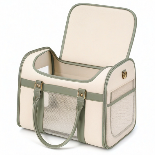 Bolso transportín para mascotas 43 x 28 x 32 cm de poliéster beige/verde con paneles de malla