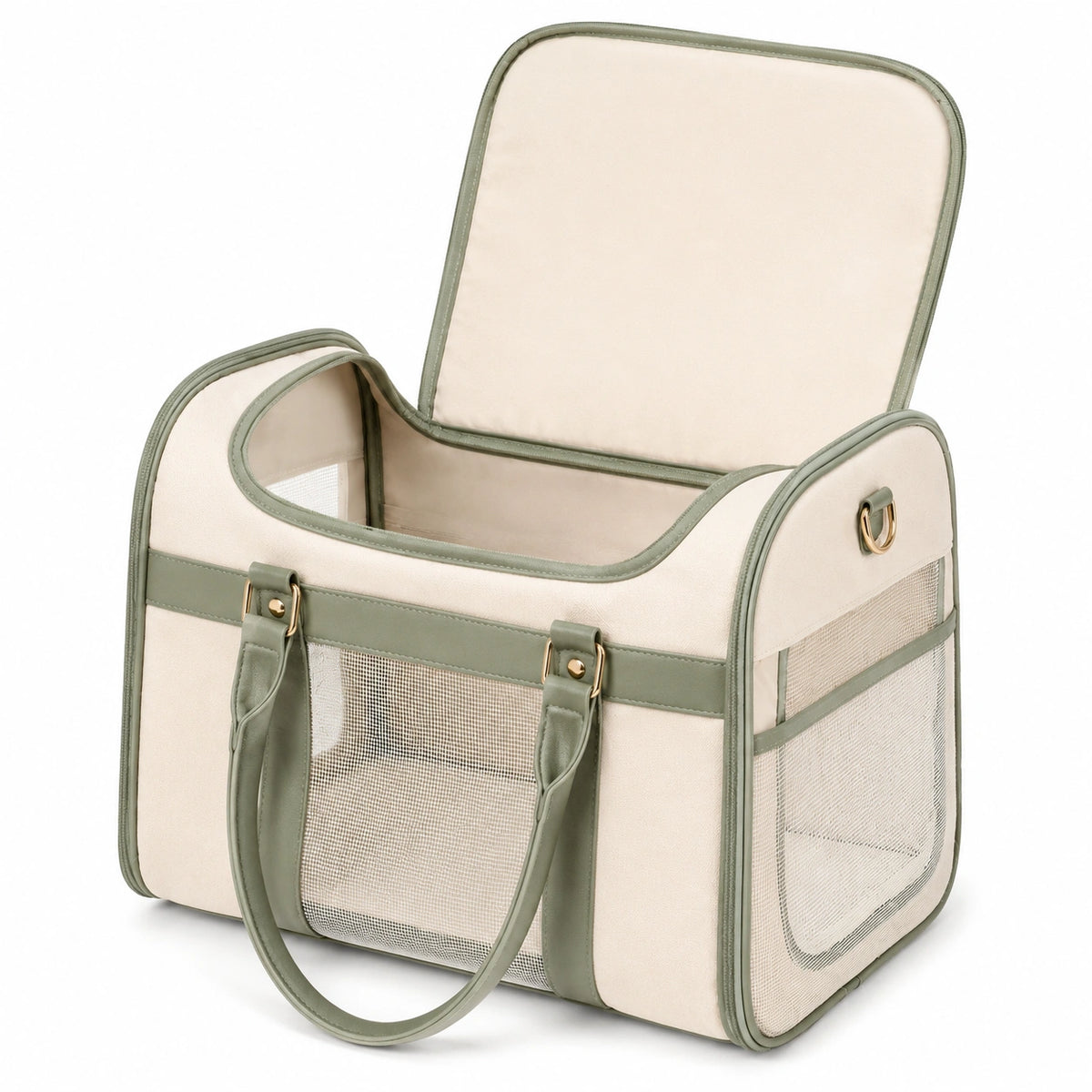 Bolso transportín para mascotas 43 x 28 x 32 cm de poliéster beige/verde con paneles de malla