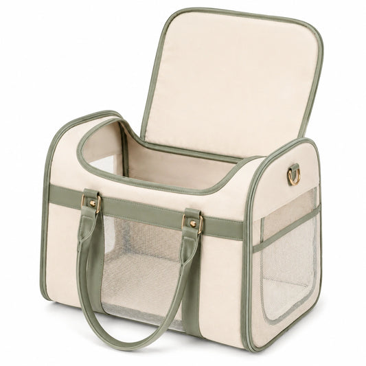 Bolso transportín para mascotas 43 x 28 x 32 cm de poliéster beige/verde con paneles de malla