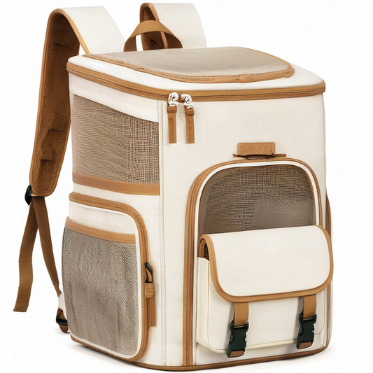 Mochila transportín para mascotas 42 x 30 x 45 cm de tela beige con malla ventilada - portátil
