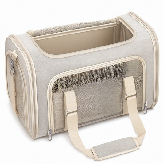 Bolsa transportín para mascotas 45 x 28 x 30 cm de tela beige con malla ventilada plegable