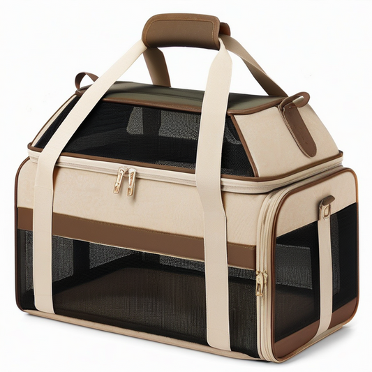 Transportín para mascotas 45 x 28 x 30 cm de tejido beige y marrón con malla para perros y gatos pequeños