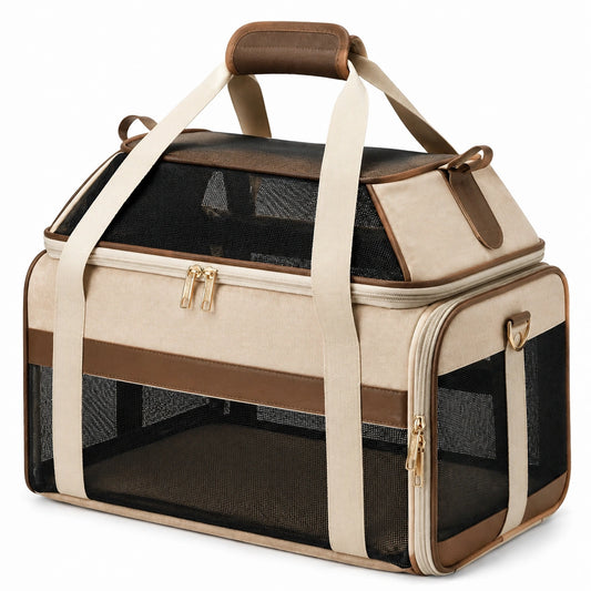 Transportín para mascotas 45 x 28 x 30 cm de tejido beige y marrón con malla para perros y gatos pequeños