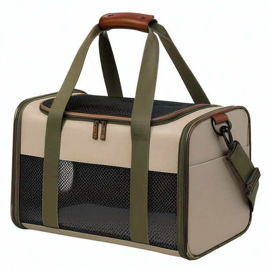 Bolsa transportín para mascotas 45 x 28 x 30 cm de tela beige y verde con malla transpirable