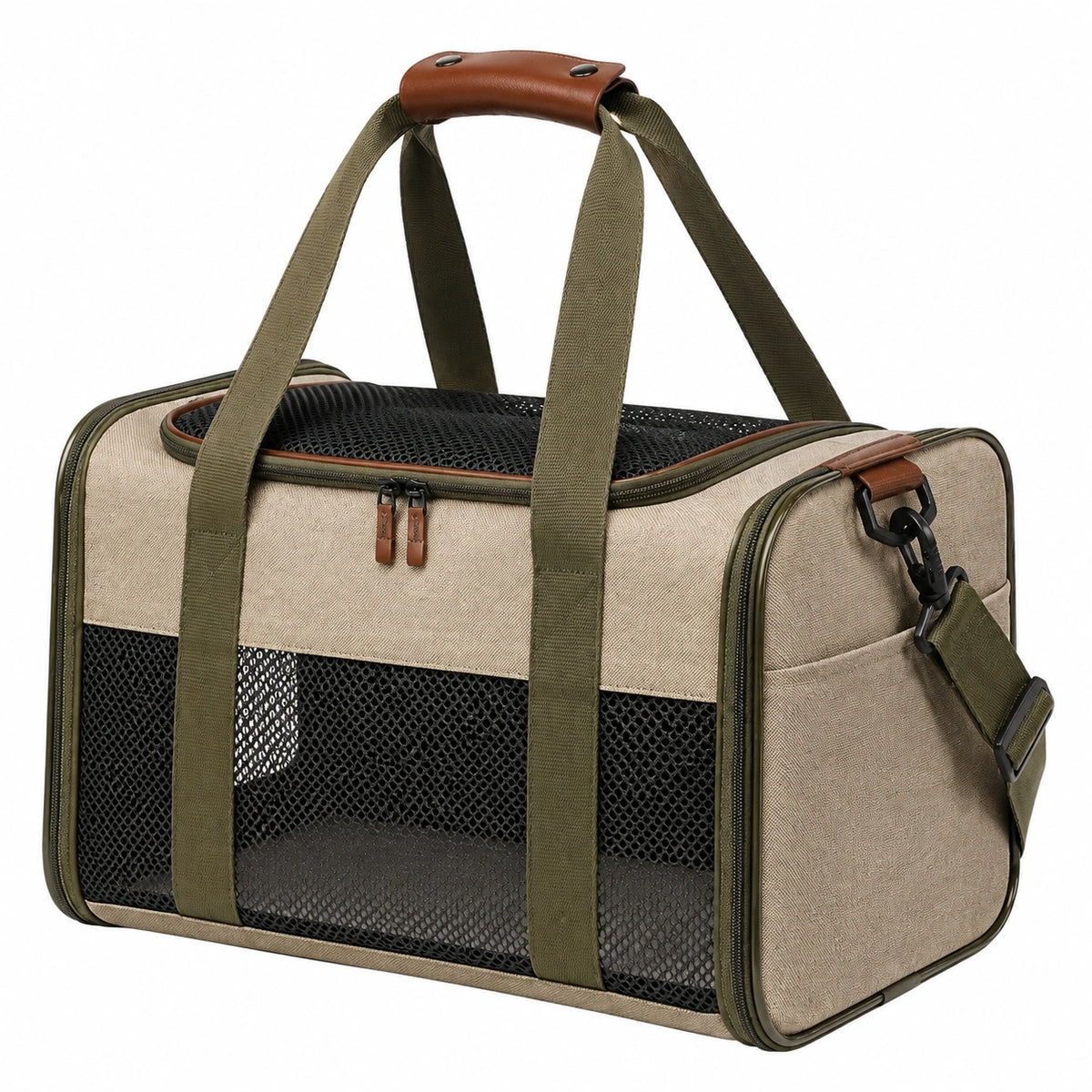 Bolsa transportín para mascotas 45 x 28 x 30 cm de tela beige y verde con malla transpirable