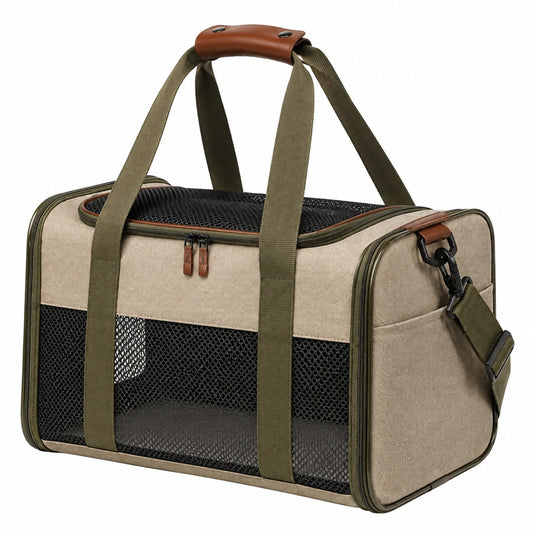 Bolsa transportín para mascotas 45 x 28 x 30 cm de tela beige y verde con malla transpirable