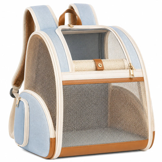 Mochila transportín para mascotas 32 x 25 x 42 cm de tejido y malla azul claro con bolsillos