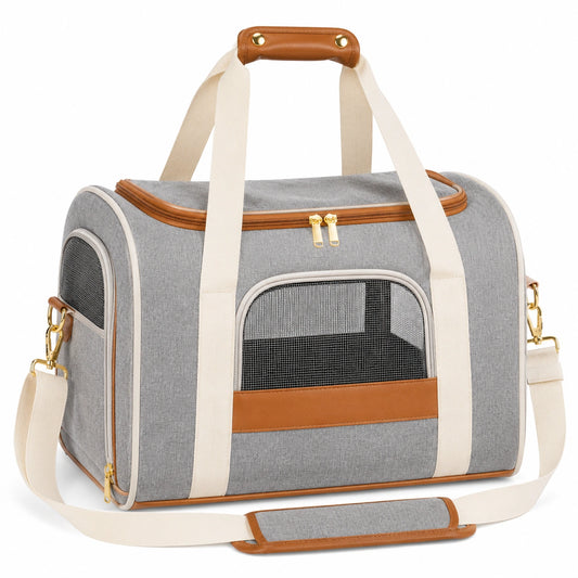Bolso transportín para mascotas 45 x 25 x 30 cm de tejido gris con malla y correa de hombro