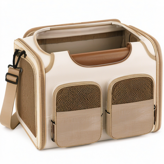 Bolsa transportín para mascotas 45 x 28 x 30 cm de tela beige con malla y correa ajustable
