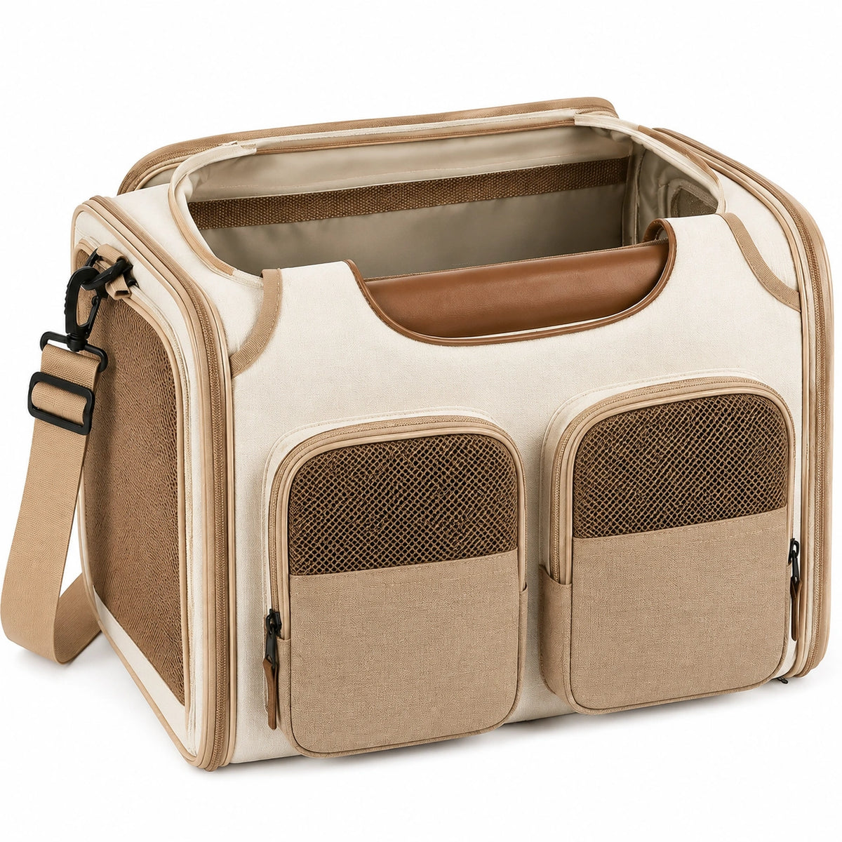 Bolsa transportín para mascotas 45 x 28 x 30 cm de tela beige con malla y correa ajustable