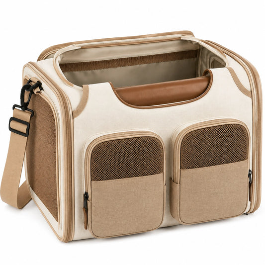 Bolsa transportín para mascotas 45 x 28 x 30 cm de tela beige con malla y correa ajustable